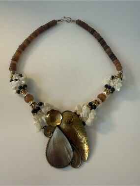 Vintage Elegant Brass and White Shell Pendant Necklace